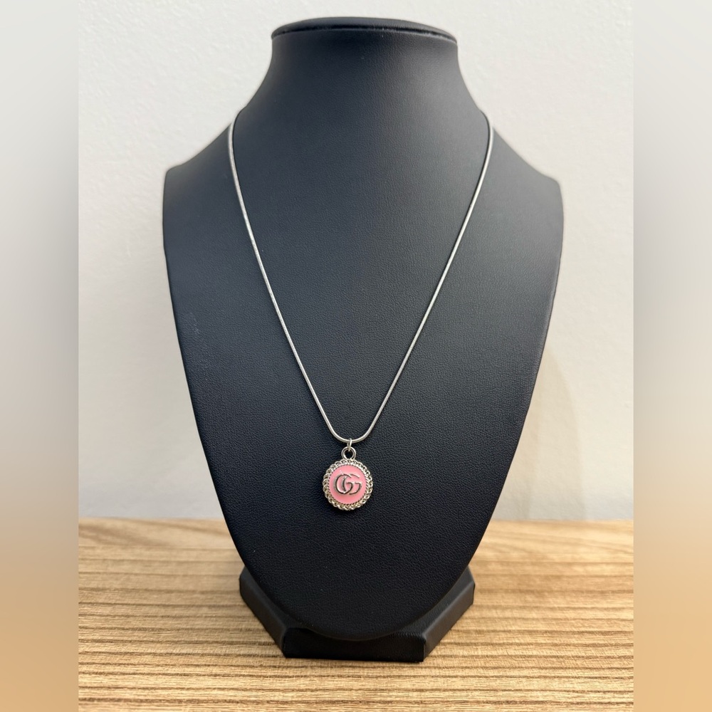 Upcycled Gucci Silver and Pink Logo Pendant on 18inch Necklace Chain